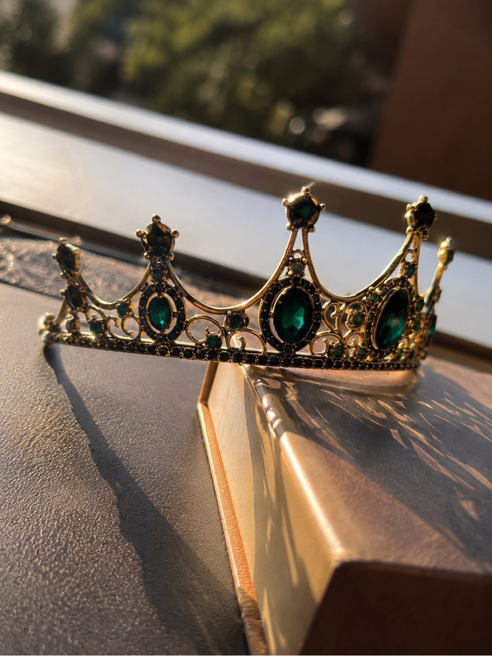 Gold Crown Tiara with Emerald Green Gemstones